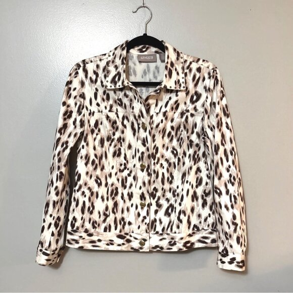 Leopard Print Denim Jacket With Studded Collar By Chicos 0=Small or 4 - Picture 1 of 7